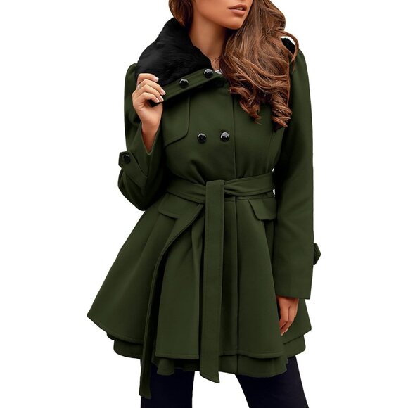 Women's Army Green Zeagoo Winter Trench Coat Faux Fur Lapel Double Breasted - Picture 2 of 4